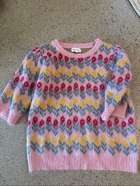 Pink Patterned Crewneck Sweater with Multicolor Motif